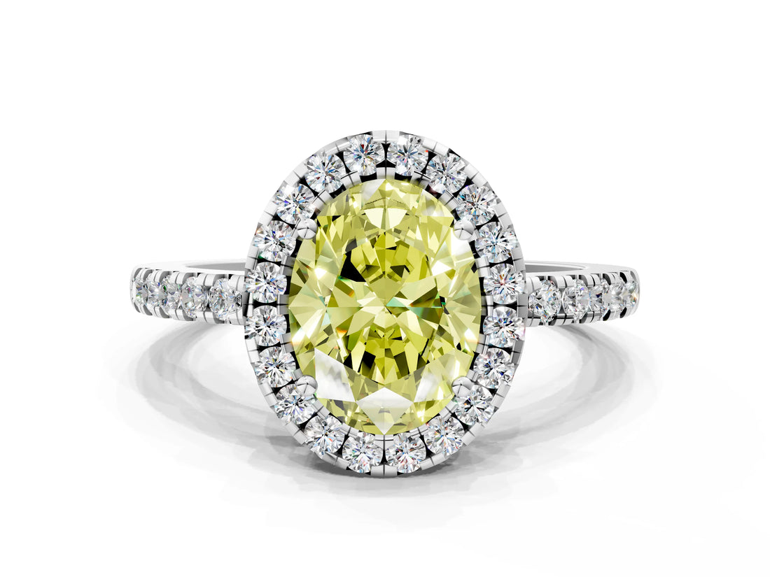 White gold Fancy Yellow Oval  Halo Diamond Engagement Ring with Pavé Band and Four-Prong Setting_81