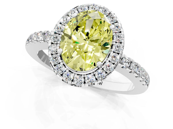 Platinum Fancy Yellow Oval  Halo Diamond Engagement Ring with Pavé Band and Four-Prong Setting
