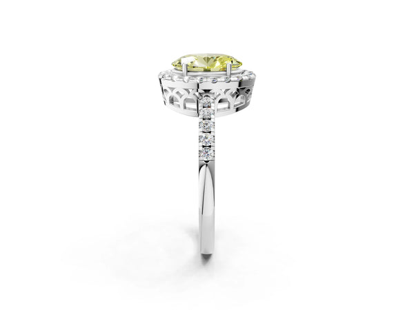Platinum Fancy Yellow Oval  Halo Diamond Engagement Ring with Pavé Band and Four-Prong Setting