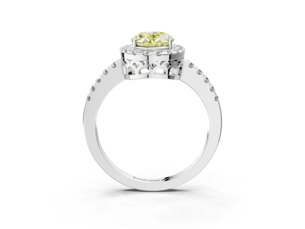 Platinum Fancy Yellow Oval  Halo Diamond Engagement Ring with Pavé Band and Four-Prong Setting