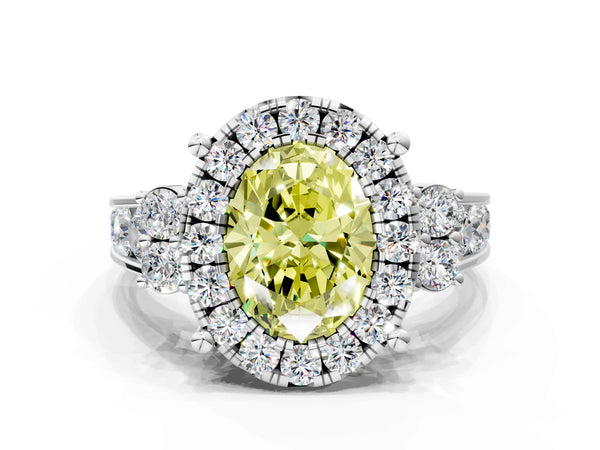 White gold Fancy Yellow Oval  Halo Diamond Engagement Ring with Split Shank and Four-Prong Setting