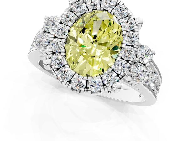 White gold Fancy Yellow Oval  Halo Diamond Engagement Ring with Split Shank and Four-Prong Setting