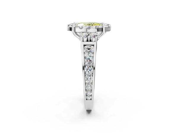 White gold Fancy Yellow Oval  Halo Diamond Engagement Ring with Split Shank and Four-Prong Setting