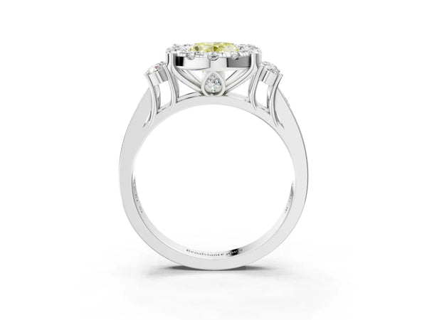 White gold Fancy Yellow Oval  Halo Diamond Engagement Ring with Split Shank and Four-Prong Setting