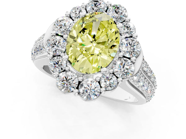 Platinum Fancy Yellow Oval  Halo Diamond Engagement Ring with Split Shank and Prong Setting