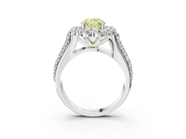 Platinum Fancy Yellow Oval  Halo Diamond Engagement Ring with Split Shank and Prong Setting