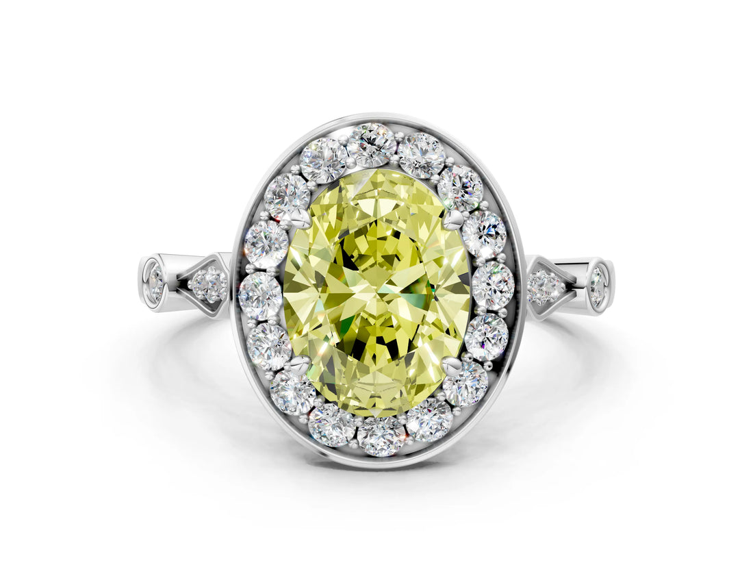White gold Fancy Yellow Oval  Halo Diamond Engagement Ring with Twisted Band and Four-Prong Setting