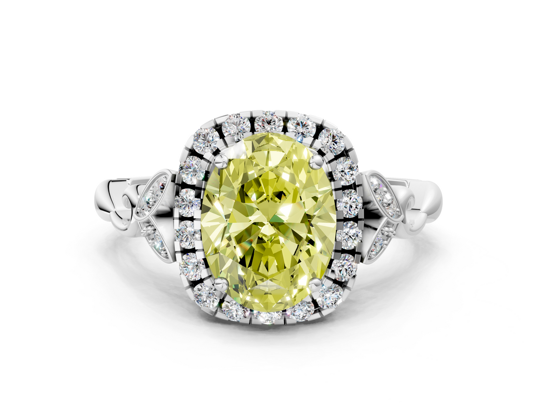 White gold Fancy Yellow Oval  Halo Diamond Engagement Ring with Vintage-Inspired Band and Four-Prong Setting_3