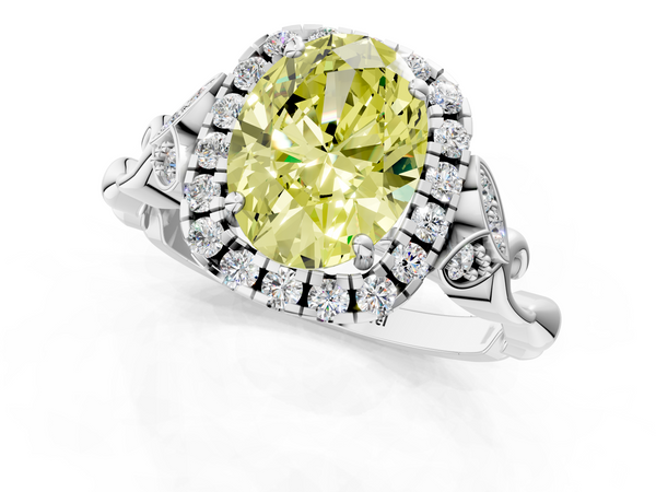 White gold Fancy Yellow Oval  Halo Diamond Engagement Ring with Vintage-Inspired Band and Four-Prong Setting