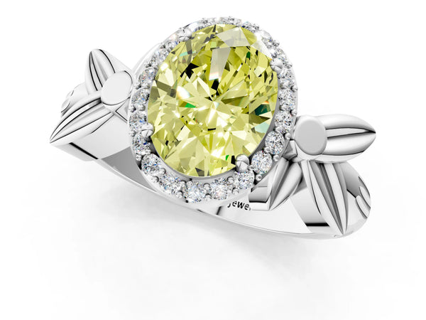 Platinum Fancy Yellow Oval  Halo Diamond Floral Band with Four-Prong Setting
