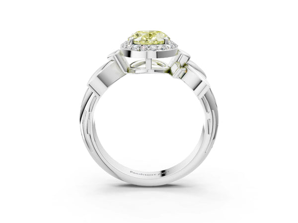 Platinum Fancy Yellow Oval  Halo Diamond Floral Band with Four-Prong Setting