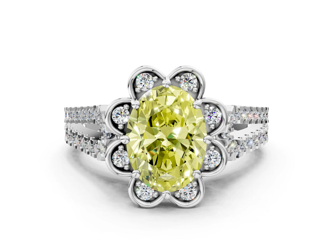 White gold Fancy Yellow Oval  Halo Diamond Floral Split Shank Engagement Ring