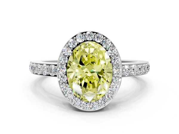 Platinum Fancy Yellow Oval  Halo Diamond Pavé Band Ring with Prong Setting