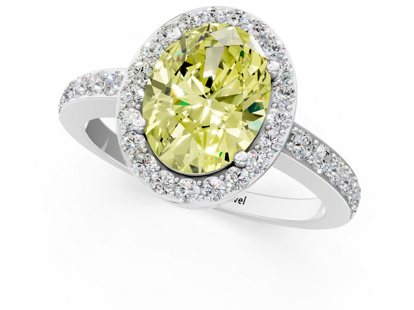 Platinum Fancy Yellow Oval  Halo Diamond Pavé Band Ring with Prong Setting