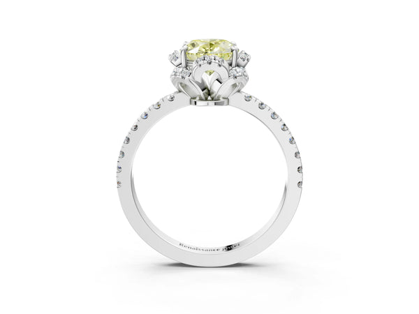 White gold Fancy Yellow Oval  Halo Diamond Pave Band Ring with Four-Prong Setting