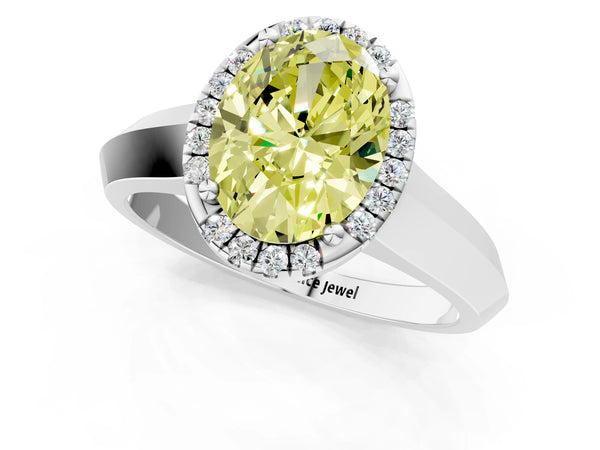 White gold Fancy Yellow Oval  Halo Diamond Ring with Cathedral Band and Four-Prong Setting