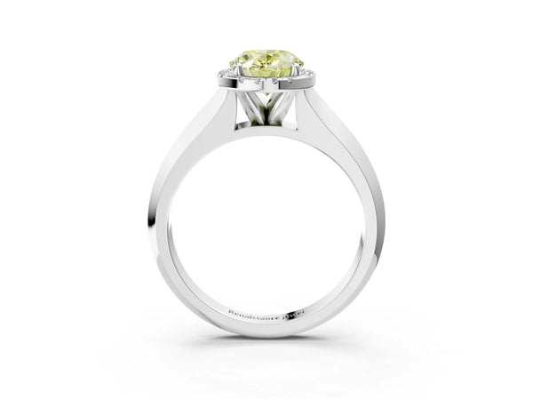 White gold Fancy Yellow Oval  Halo Diamond Ring with Cathedral Band and Four-Prong Setting
