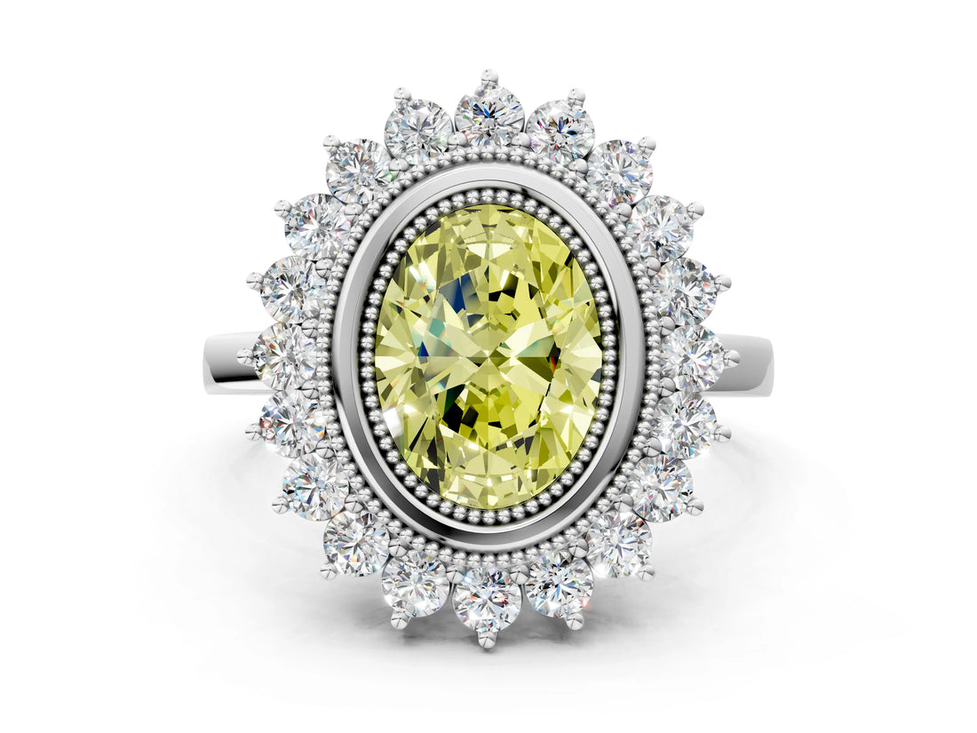 White gold Fancy Yellow Oval  Halo Diamond Ring with Milgrain Edge and Round Prong Setting_38