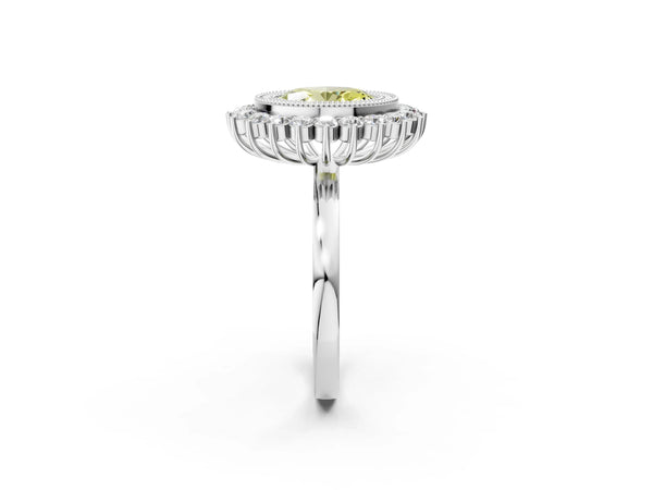 Platinum Fancy Yellow Oval  Halo Diamond Ring with Milgrain Edge and Round Prong Setting