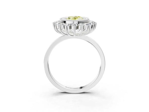 Platinum Fancy Yellow Oval  Halo Diamond Ring with Milgrain Edge and Round Prong Setting