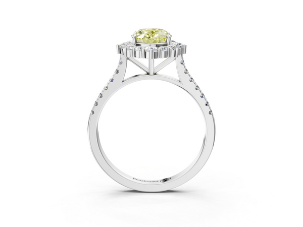 Platinum Fancy Yellow Oval  Halo Diamond Ring with Pavé Band and Prong Setting