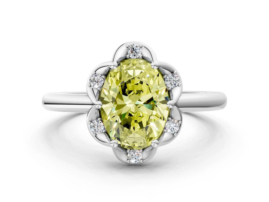 White gold Fancy Yellow Oval  Halo Diamond Ring with Round Cluster Setting, Solitaire Band, and Four-Prong Setting_49