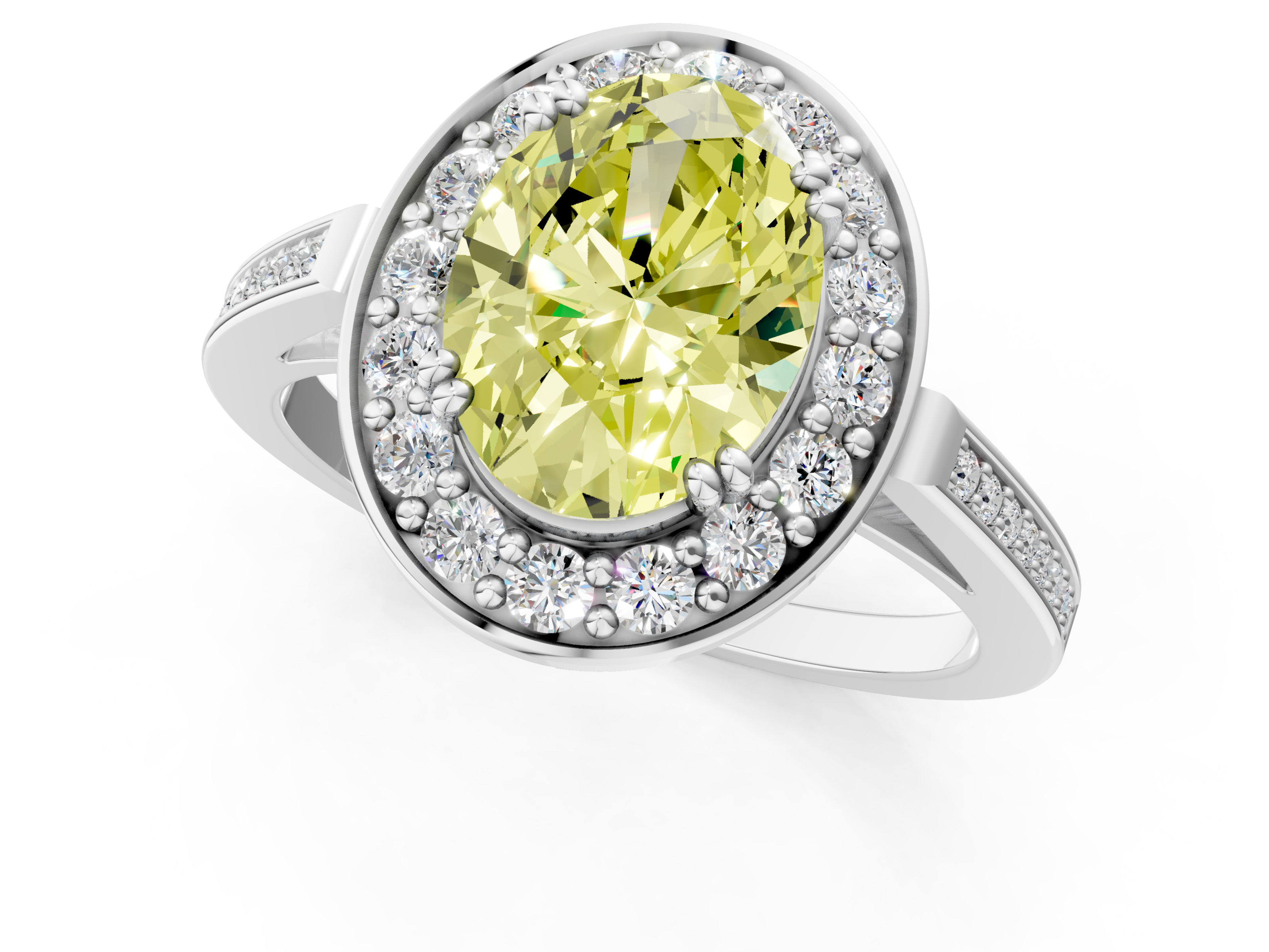 White gold Fancy Yellow Oval  Halo Diamond Ring with Split Shank and Four-Prong Setting_45