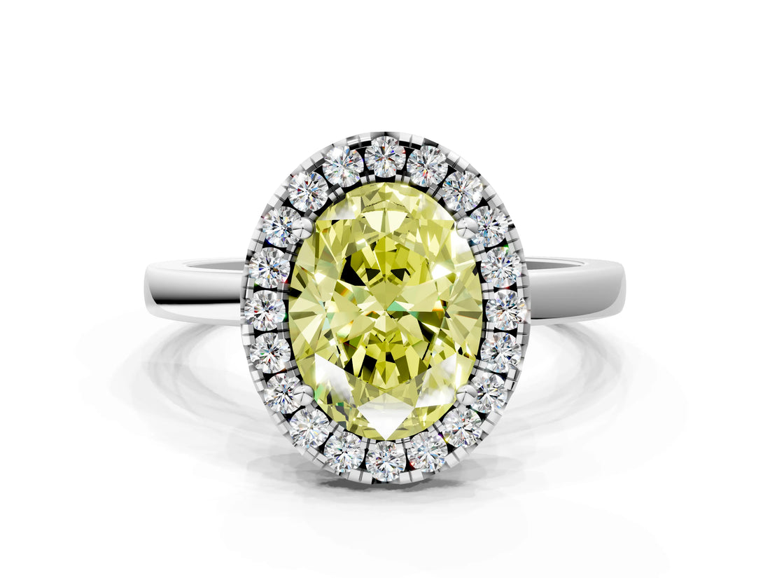 White gold Fancy Yellow Oval  Halo Diamond Solitaire with Pavé Band and Four-Prong Setting_84