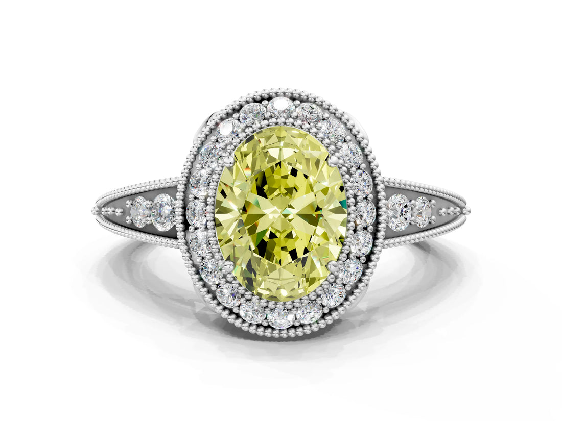 White gold Fancy Yellow Oval  Halo Diamond Split Shank Ring with Milgrain Detail_49
