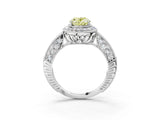 White gold Fancy Yellow Oval  Halo Diamond Split Shank Ring with Milgrain Detail_52
