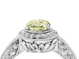 White gold Fancy Yellow Oval  Halo Diamond Split Shank Ring with Milgrain Detail_53