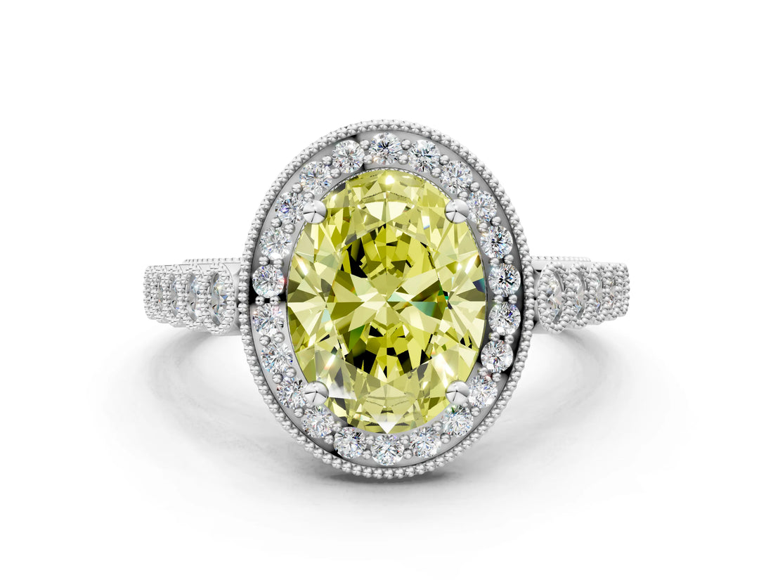 White gold Fancy Yellow Oval  Halo Milgrain Solitaire with Bezel Set Side Stones and Pave Band_65