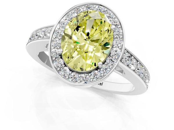 White gold Fancy Yellow Oval  Halo Pavé Diamond Engagement Ring with Bezel Setting