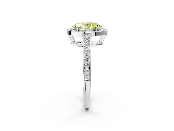 White gold Fancy Yellow Oval  Halo Pavé Diamond Engagement Ring with Bezel Setting