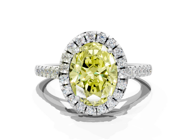 Platinum Fancy Yellow Oval  Halo Pavé Diamond Engagement Ring with Four-Prong Setting