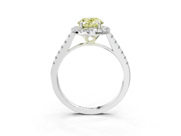 Platinum Fancy Yellow Oval  Halo Pavé Diamond Engagement Ring with Four-Prong Setting