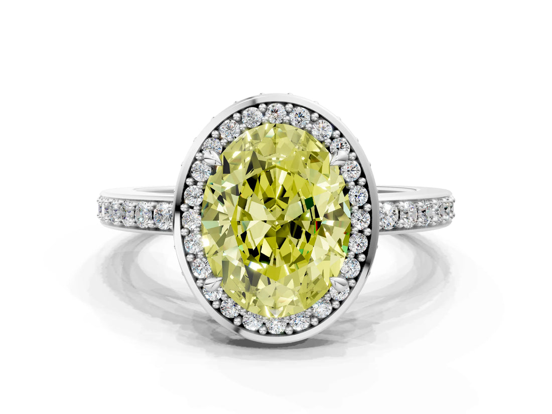 White gold Fancy Yellow Oval  Halo Pave Band Solitaire Ring with Prong Setting_109