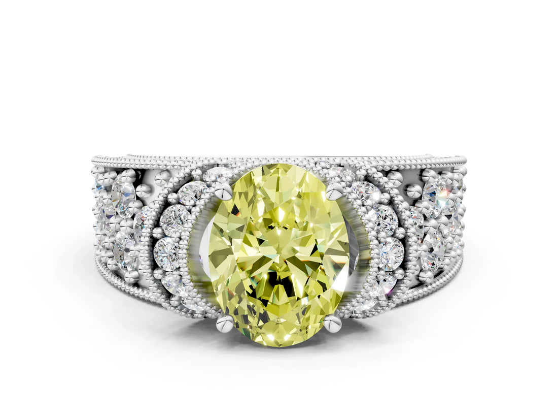 White gold Fancy Yellow Oval  Halo Pave Diamond Engagement Ring with Milgrain Detailing_48