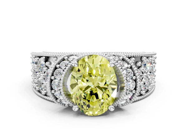 White gold Fancy Yellow Oval  Halo Pave Diamond Engagement Ring with Milgrain Detailing