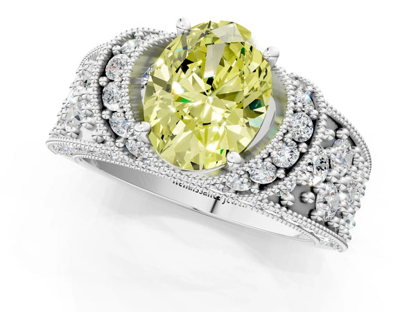 White gold Fancy Yellow Oval  Halo Pave Diamond Engagement Ring with Milgrain Detailing