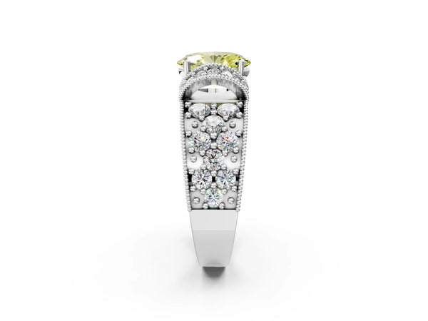 White gold Fancy Yellow Oval  Halo Pave Diamond Engagement Ring with Milgrain Detailing