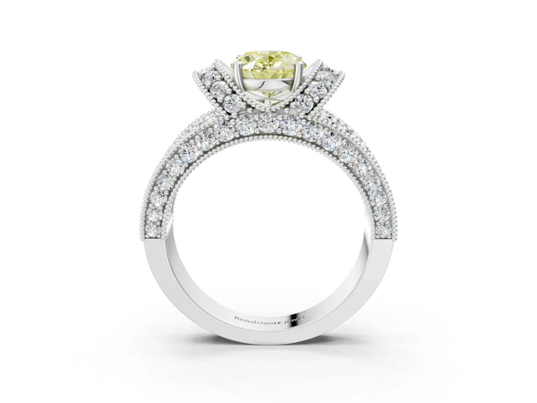 White gold Fancy Yellow Oval  Halo Pave Diamond Engagement Ring with Milgrain Detailing