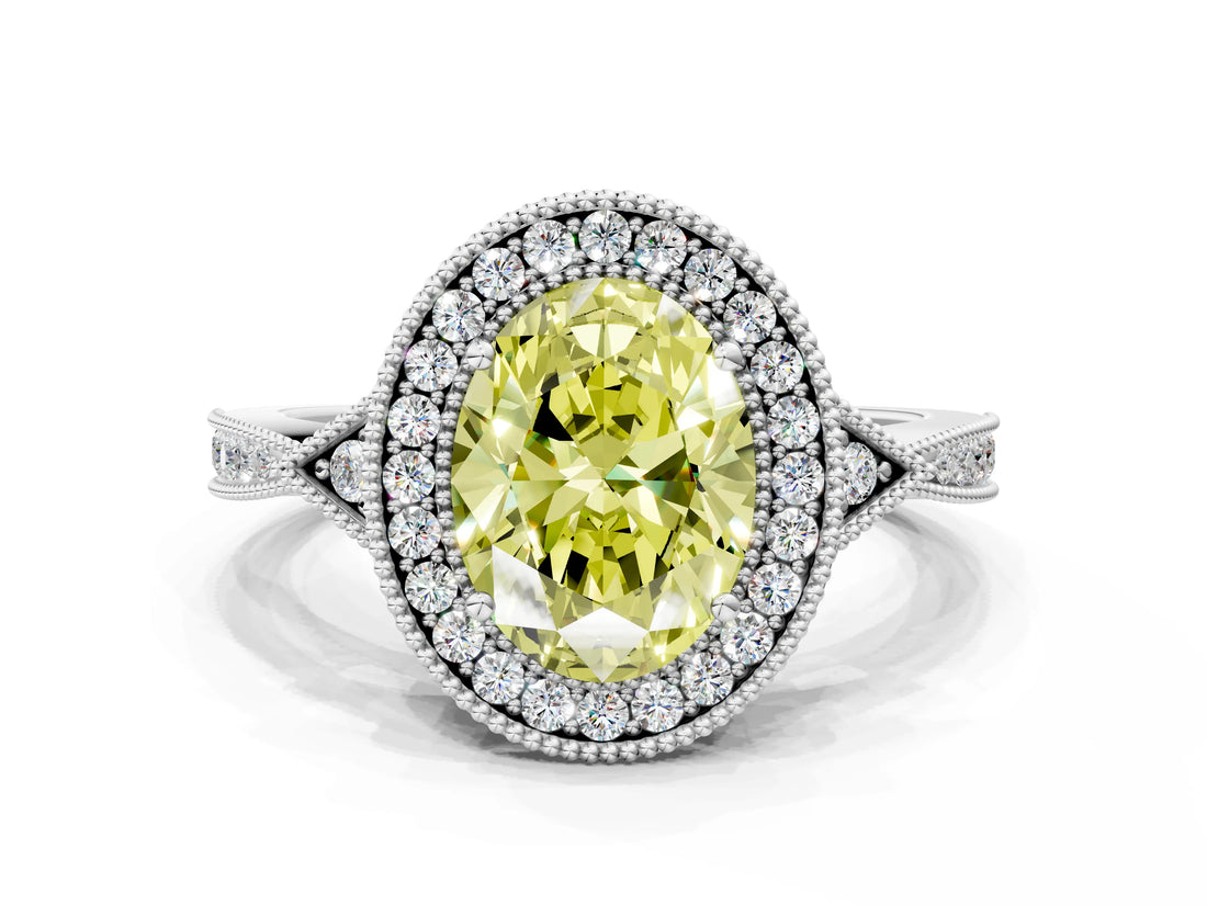 White gold Fancy Yellow Oval  Halo Round Diamond Milgrain Pave Engagement Ring_15