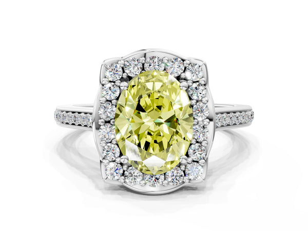 White gold Fancy Yellow Oval  Halo Round Diamond Pave Band with Four-Prong Setting