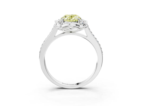 White gold Fancy Yellow Oval  Halo Round Diamond Pave Band with Four-Prong Setting