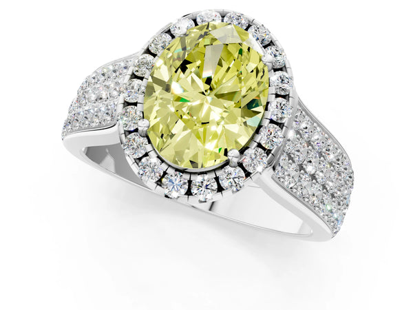 White gold Fancy Yellow Oval  Halo Round Diamond Pave Band with Prong Setting