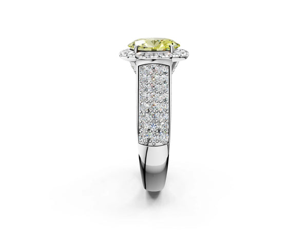 White gold Fancy Yellow Oval  Halo Round Diamond Pave Band with Prong Setting