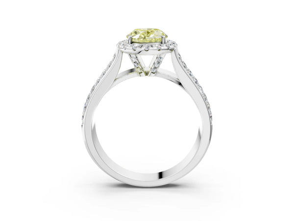 White gold Fancy Yellow Oval  Halo Round Diamond Pave Band with Prong Setting