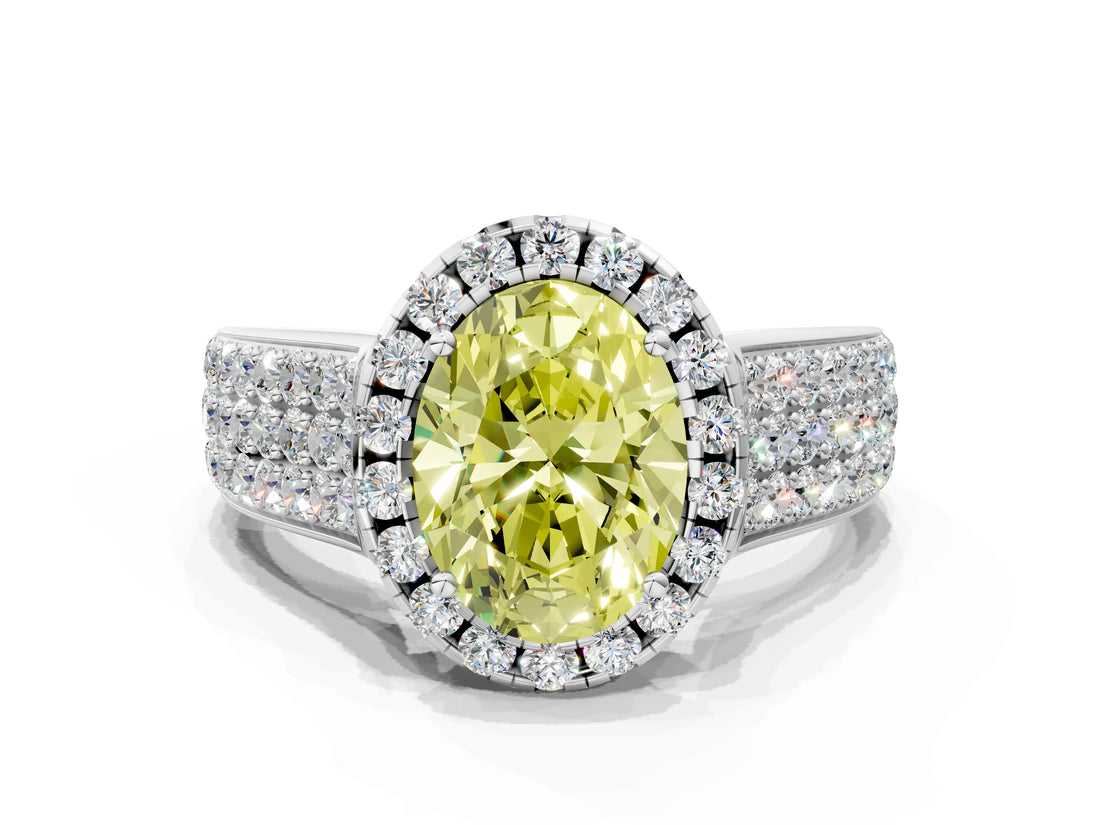White gold Fancy Yellow Oval  Halo Round Diamond Pave Band with Prong Setting
