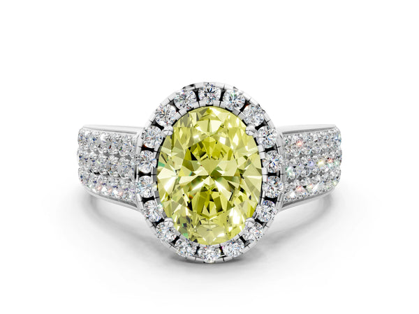 White gold Fancy Yellow Oval  Halo Round Diamond Pave Band with Prong Setting
